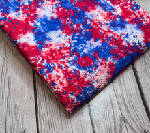 Load image into Gallery viewer, Pre-Order Bullet, DBP, Velvet and Rib Knit fabric Fourth of July Tie Dye Paint Splat makes great bows, head wraps, bummies, and more.
