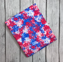 Load image into Gallery viewer, Pre-Order Bullet, DBP, Velvet and Rib Knit fabric Fourth of July Tie Dye Paint Splat makes great bows, head wraps, bummies, and more.