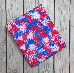 Pre-Order Bullet, DBP, Velvet and Rib Knit fabric Fourth of July Tie Dye Paint Splat makes great bows, head wraps, bummies, and more.
