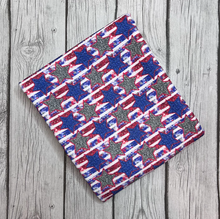 Load image into Gallery viewer, Pre-Order Bullet, DBP, Velvet, Rib Knit fabric Fourth of July Faux Glitter Stars Stripes Shapes makes great bows, head wraps, bummies, and more.