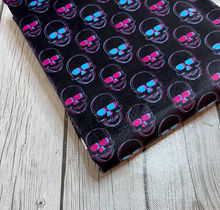 Load image into Gallery viewer, Ready to Ship Velvet Black Pink Blue Skulls Halloween Boy makes great bows, head wraps, bummies.