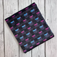Load image into Gallery viewer, Ready to Ship Velvet Black Pink Blue Skulls Halloween Boy makes great bows, head wraps, bummies.