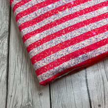 Load image into Gallery viewer, Pre-Order Bullet, DBP, Velvet, Rib Knit fabric Fourth of July Red Silver Faux Glitter Stripes Shapes makes great bows, head wraps, bummies, and more.