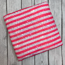 Load image into Gallery viewer, Pre-Order Bullet, DBP, Velvet, Rib Knit fabric Fourth of July Red Silver Faux Glitter Stripes Shapes makes great bows, head wraps, bummies, and more.