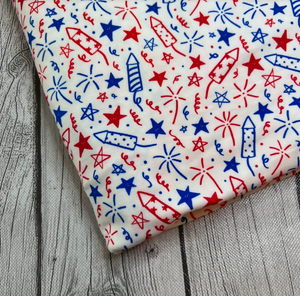 Pre-Order Bullet, DBP, Velvet and Rib Knit fabric Fourth of July BBQ Fireworks makes great bows, head wraps, bummies, and more.