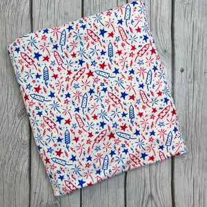 Pre-Order Bullet, DBP, Velvet and Rib Knit fabric Fourth of July BBQ Fireworks makes great bows, head wraps, bummies, and more.