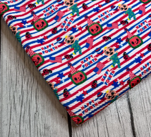 Load image into Gallery viewer, Ready to Ship Bullet Fourth of July Striped Coco Melon Character makes great bows, head wraps, bummies, and more.