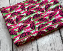 Load image into Gallery viewer, Ready to Ship Bullet fabric Striped Hot Pink Watermelon Food Paint Splat Shapes makes great bows, head wraps, bummies, and more.