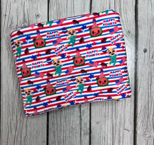 Load image into Gallery viewer, Ready to Ship Velvet Fourth of July Stripes Coco Melon Character makes great bows, head wraps, bummies, and more.