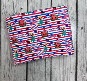 Ready to Ship Velvet Fourth of July Stripes Coco Melon Character makes great bows, head wraps, bummies, and more.