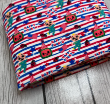 Load image into Gallery viewer, Ready to Ship Velvet Fourth of July Stripes Coco Melon Character makes great bows, head wraps, bummies, and more.