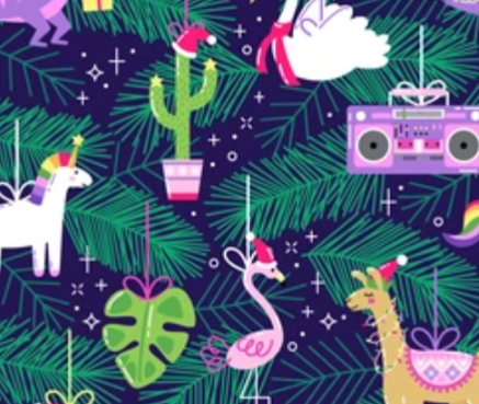 Pre-Order Retro Christmas Llamas, Unicorns & Flamingos Animals Bullet, DBP, Rib Knit, Cotton Lycra + other fabrics