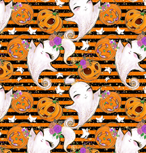 Load image into Gallery viewer, Pre-Order Orange Striped Halloween Friends Bullet, DBP, Rib Knit, Cotton Lycra + other fabrics