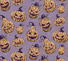 Load image into Gallery viewer, Pre-Order Scary Purple Halloween Pumpkin Faces Bullet, DBP, Rib Knit, Cotton Lycra + other fabrics