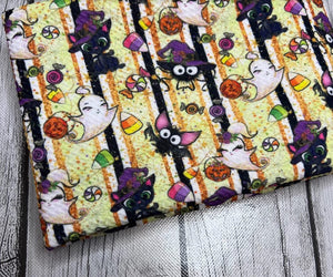 Pre-Order Yellow Striped Halloween Friends Bullet, DBP, Rib Knit, Cotton Lycra + other fabrics