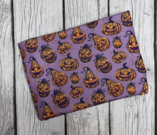 Load image into Gallery viewer, Pre-Order Scary Purple Halloween Pumpkin Faces Bullet, DBP, Rib Knit, Cotton Lycra + other fabrics