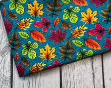 Load image into Gallery viewer, Pre-Order Teal Fall Leaves Bullet, DBP, Rib Knit, Cotton Lycra + other fabrics