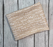 Load image into Gallery viewer, Pre-Order Bullet, DBP, Velvet and Rib Knit fabric Tan Christmas Sayings makes great bows, head wraps, bummies, and more.