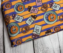 Load image into Gallery viewer, Ready to Ship Bullet fabric Striped Halloween Sweets Party makes great bows, head wraps, bummies, and more.