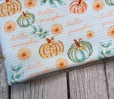 Pre-Order Baby Blue Hello Pumpkin Fall Food Title Bullet, DBP, Rib Knit, Cotton Lycra + other fabrics