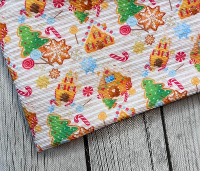 Pre-Order Striped Christmas Gingerbread Houses Bullet, DBP, Rib Knit, Cotton Lycra + other fabrics