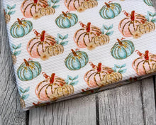 Load image into Gallery viewer, Pre-Order Peach and Aqua Fall Pumpkins Food Bullet, DBP, Rib Knit, Cotton Lycra + other fabrics