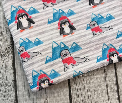 Pre-Order Striped Christmas Penguins & Seals Animals Bullet, DBP, Rib Knit, Cotton Lycra + other fabrics