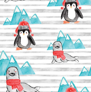 Pre-Order Striped Christmas Penguins & Seals Animals Bullet, DBP, Rib Knit, Cotton Lycra + other fabrics
