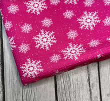 Load image into Gallery viewer, Pre-Order Bullet, DBP, Velvet and Rib Knit fabric Pink Snowflakes Christmas makes great bows, head wraps, bummies, and more.