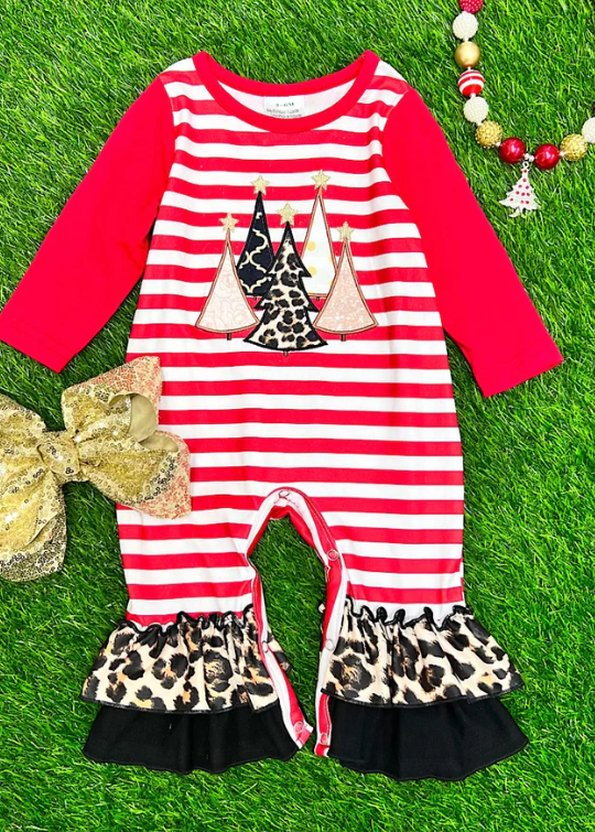 Striped Holiday Cheetah Tree Ruffle Romper