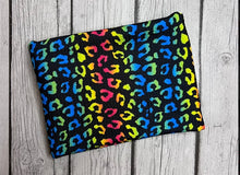 Load image into Gallery viewer, Pre-Order Bullet, DBP, Velvet and Rib Knit fabric Rainbow Leopard w/Black Background Animals makes great bows, head wraps, bummies, and more.
