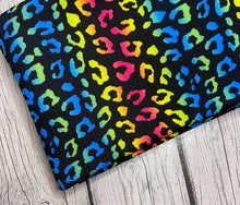 Load image into Gallery viewer, Pre-Order Bullet, DBP, Velvet and Rib Knit fabric Rainbow Leopard w/Black Background Animals makes great bows, head wraps, bummies, and more.