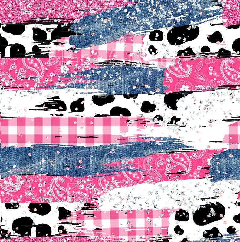 Pre-Order Pink Cowgirl Brushstroke Western Cow Animals Bullet, DBP, Rib Knit, Cotton Lycra + other fabrics
