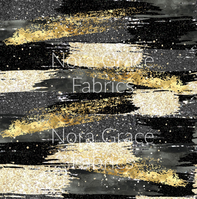 Pre-Order Black & Gold Brushstroke w/Faux Glitter Shapes Paint Splat Bullet, DBP, Rib Knit, Cotton Lycra + other fabrics