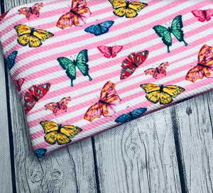 Pre-Order Pink Striped Butterflies Animals Girl Bullet, DBP, Rib Knit, Cotton Lycra + other fabrics
