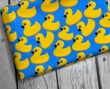 Load image into Gallery viewer, Pre-Order Blue Rubber Duckies Animals Bullet, DBP, Rib Knit, Cotton Lycra + other fabrics