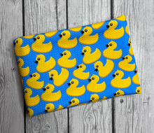 Load image into Gallery viewer, Pre-Order Blue Rubber Duckies Animals Bullet, DBP, Rib Knit, Cotton Lycra + other fabrics