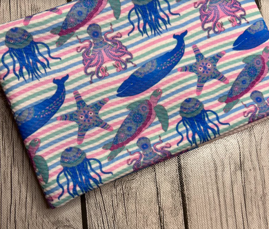 Pre-Order Striped Under the Sea Creatures Animals Bullet, DBP, Rib Knit, Cotton Lycra + other fabrics