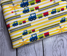 Load image into Gallery viewer, Ready to Ship Bullet Striped Trains Boy makes great bows, head wraps, bummies, and more.