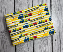 Load image into Gallery viewer, Ready to Ship Bullet Striped Trains Boy makes great bows, head wraps, bummies, and more.