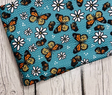 Pre-Order Daisy & Monarch Butterflies Animals Bullet, DBP, Rib Knit, Cotton Lycra + other fabrics