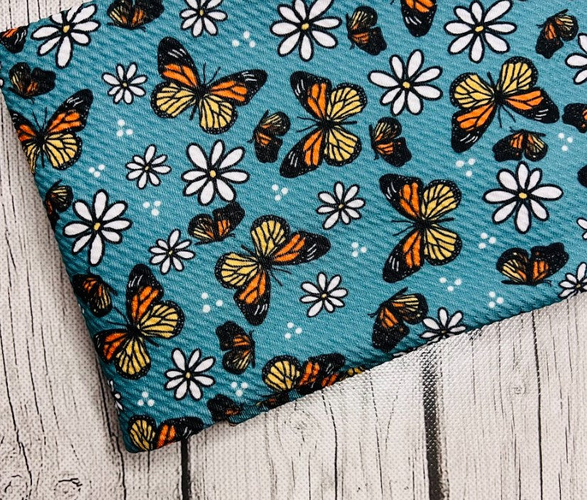 Pre-Order Daisy & Monarch Butterflies Animals Bullet, DBP, Rib Knit, Cotton Lycra + other fabrics