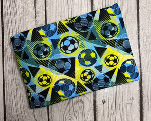 Ready to Ship Bullet fabric Blue, Yellow & Green Soccer Boy Print Sports/Teams makes great bows, head wraps, bummies, and more.