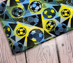 Ready to Ship Bullet fabric Blue, Yellow & Green Soccer Boy Print Sports/Teams makes great bows, head wraps, bummies, and more.
