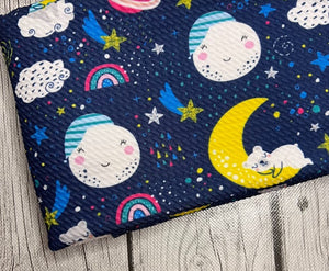 Ready to Ship Bullet fabric Rainbow Space Clouds Seasons Girl Print makes great bows, head wraps, bummies, and more.