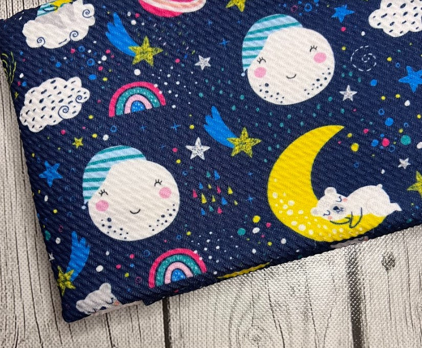 Ready to Ship Bullet fabric Rainbow Space Clouds Seasons Girl Print makes great bows, head wraps, bummies, and more.