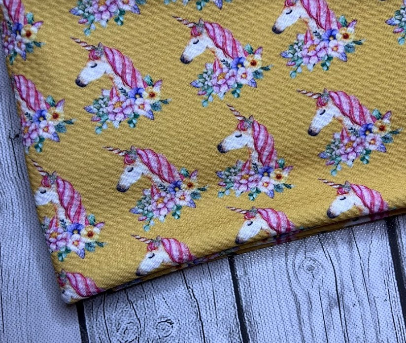 Ready to Ship Bullet fabric Magical Unicorn w/Yellow Animals Girl Print Floral makes great bows, head wraps, bummies, and more.