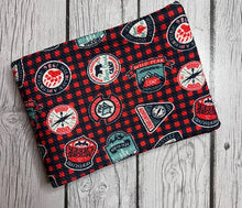 Load image into Gallery viewer, Ready to Ship Bullet fabric Red &amp; Black Plaid Camp Wilderness Boy Print makes great bows, head wraps, bummies, and more.