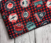 Load image into Gallery viewer, Ready to Ship Bullet fabric Red &amp; Black Plaid Camp Wilderness Boy Print makes great bows, head wraps, bummies, and more.