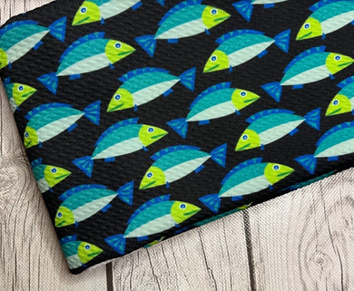 Ready to Ship Bullet fabric Blue & Green Fish Animals Boy Print makes great bows, head wraps, bummies, and more.